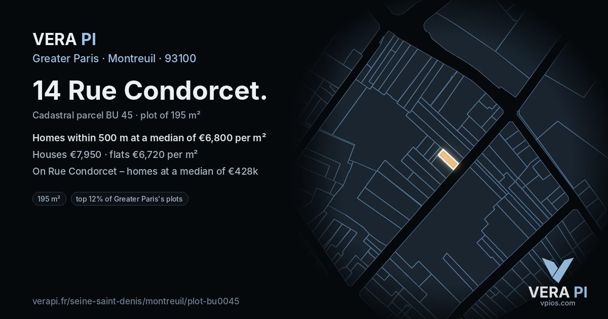 14 Rue Condorcet, Montreuil at night – the plot lit, the parcels around coloured by the prices near them