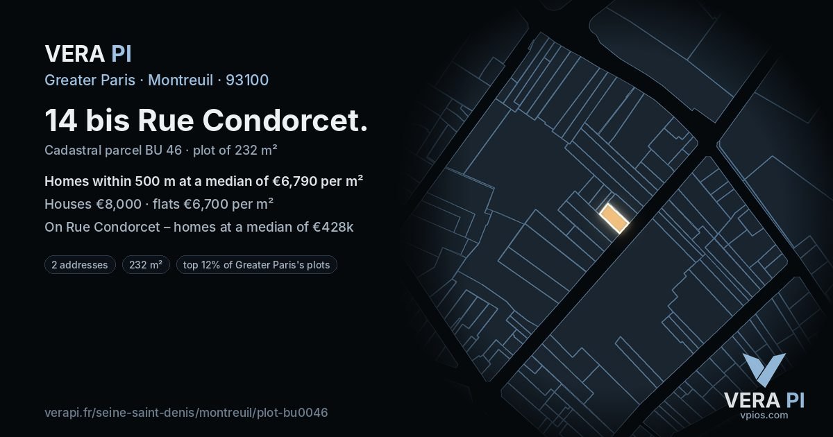 14 bis Rue Condorcet, Montreuil at night – the plot lit, the parcels around coloured by the prices near them