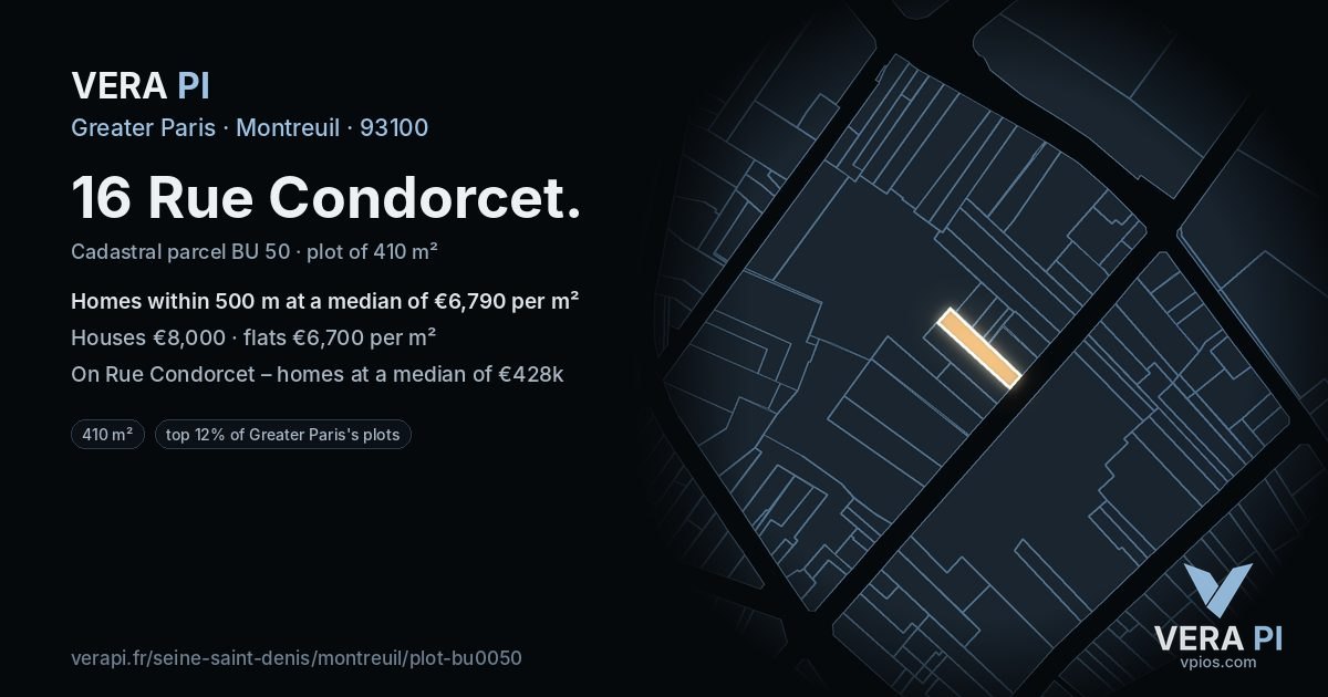 16 Rue Condorcet, Montreuil at night – the plot lit, the parcels around coloured by the prices near them