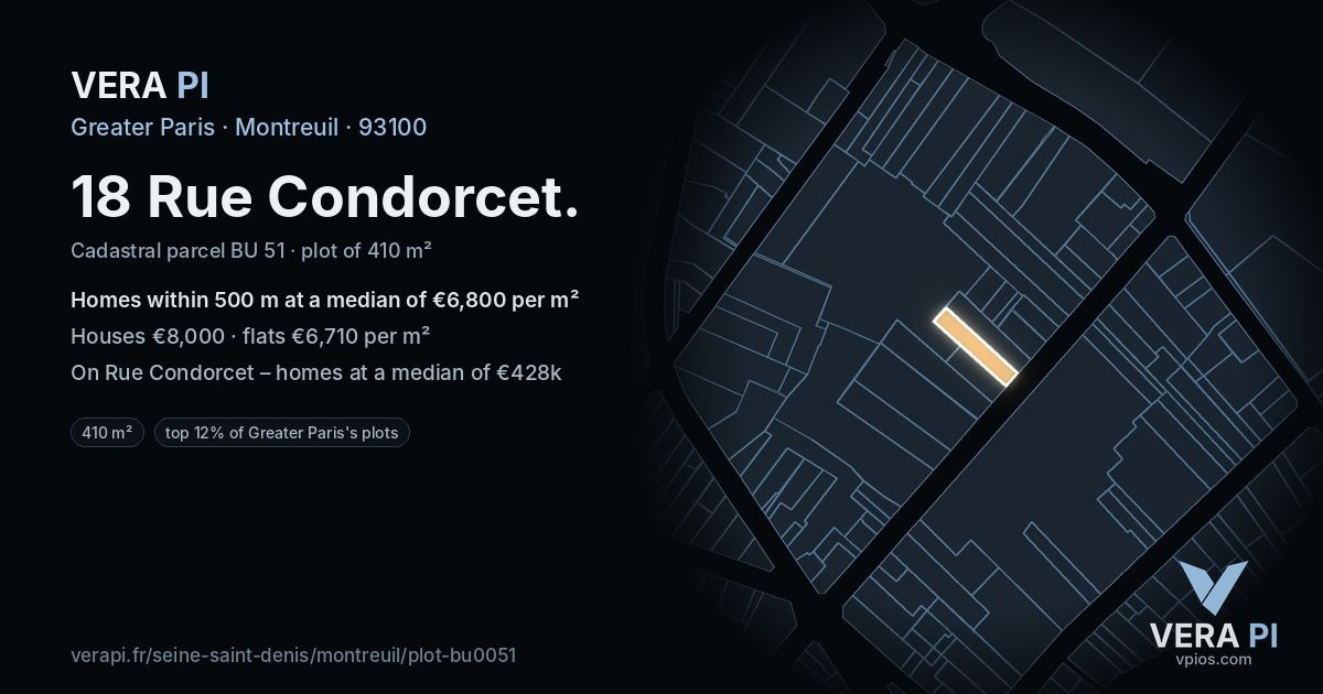 18 Rue Condorcet, Montreuil at night – the plot lit, the parcels around coloured by the prices near them