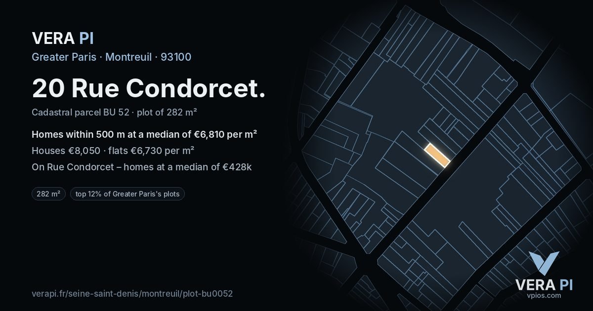 20 Rue Condorcet, Montreuil at night – the plot lit, the parcels around coloured by the prices near them