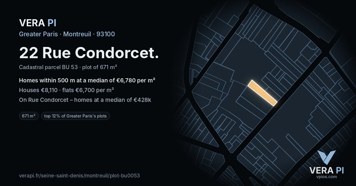 22 Rue Condorcet, Montreuil at night – the plot lit, the parcels around coloured by the prices near them