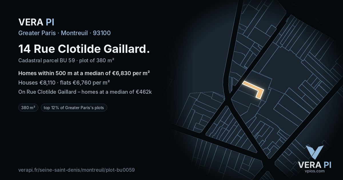 14 Rue Clotilde Gaillard, Montreuil at night – the plot lit, the parcels around coloured by the prices near them