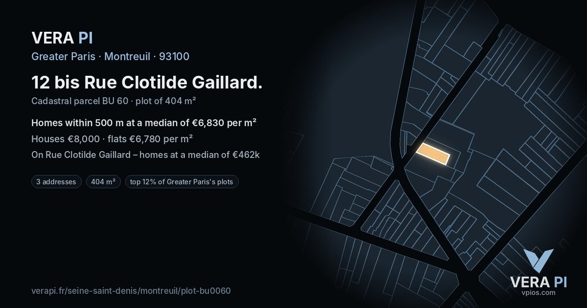 12 bis Rue Clotilde Gaillard, Montreuil at night – the plot lit, the parcels around coloured by the prices near them