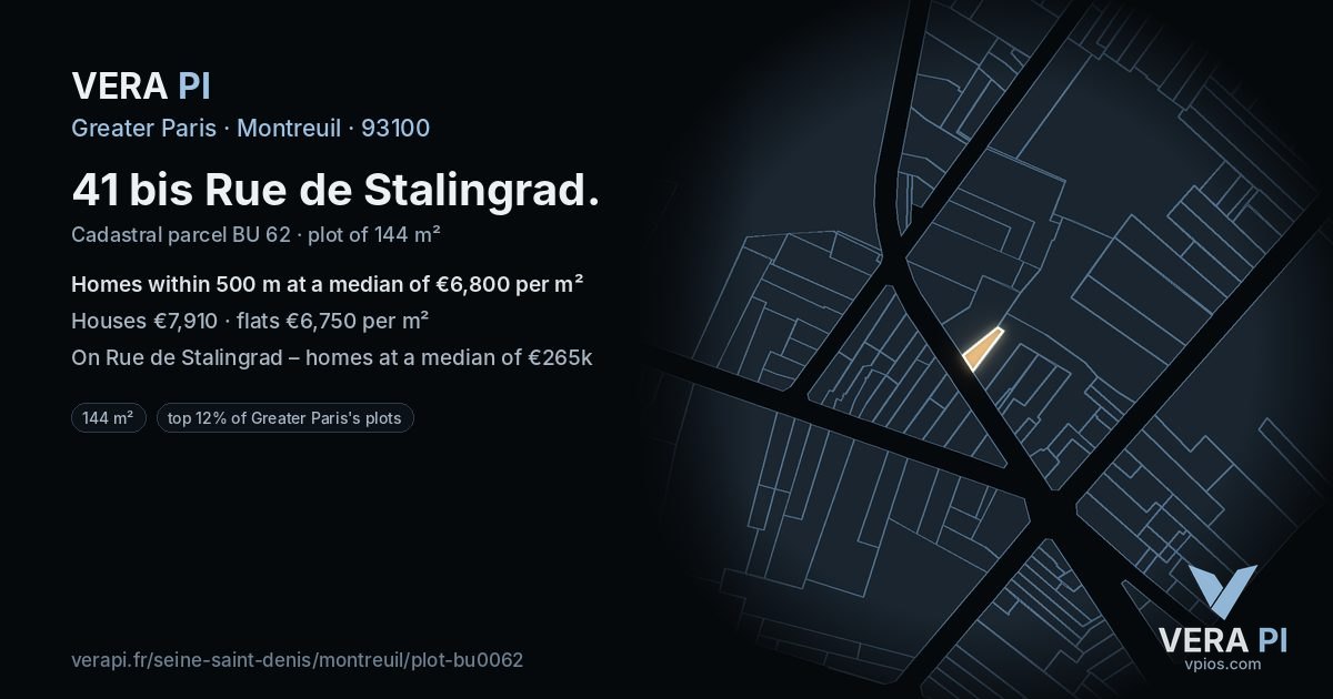 41 bis Rue de Stalingrad, Montreuil at night – the plot lit, the parcels around coloured by the prices near them