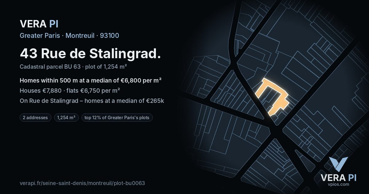 43 Rue de Stalingrad, Montreuil at night – the plot lit, the parcels around coloured by the prices near them