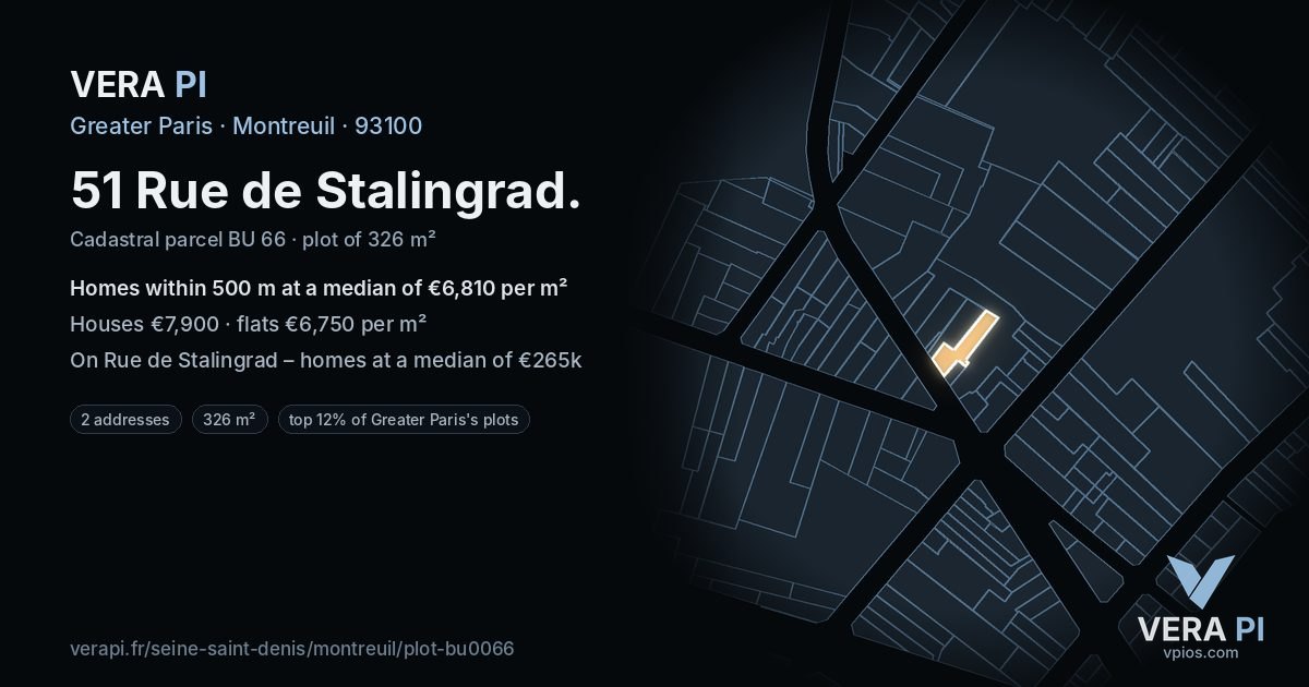 51 Rue de Stalingrad, Montreuil at night – the plot lit, the parcels around coloured by the prices near them