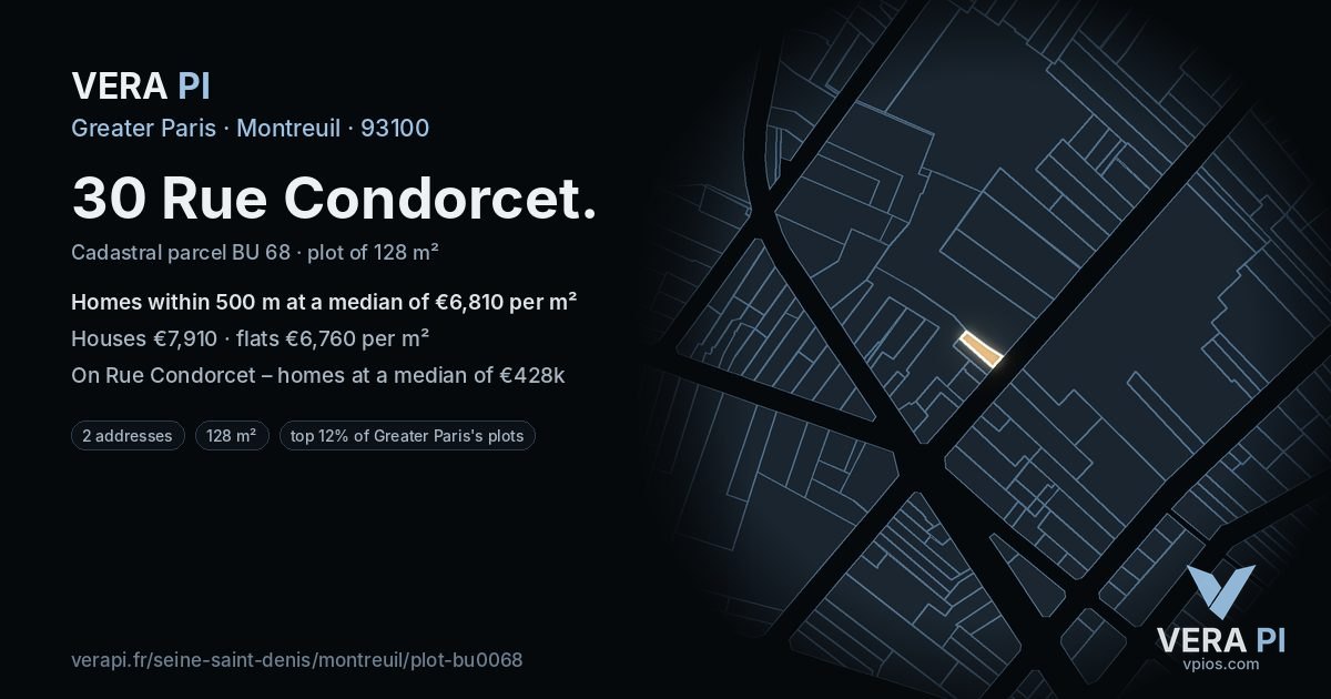30 Rue Condorcet, Montreuil at night – the plot lit, the parcels around coloured by the prices near them