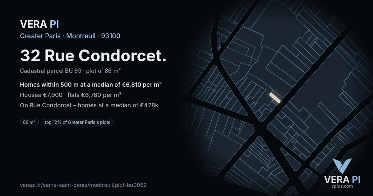 32 Rue Condorcet, Montreuil at night – the plot lit, the parcels around coloured by the prices near them