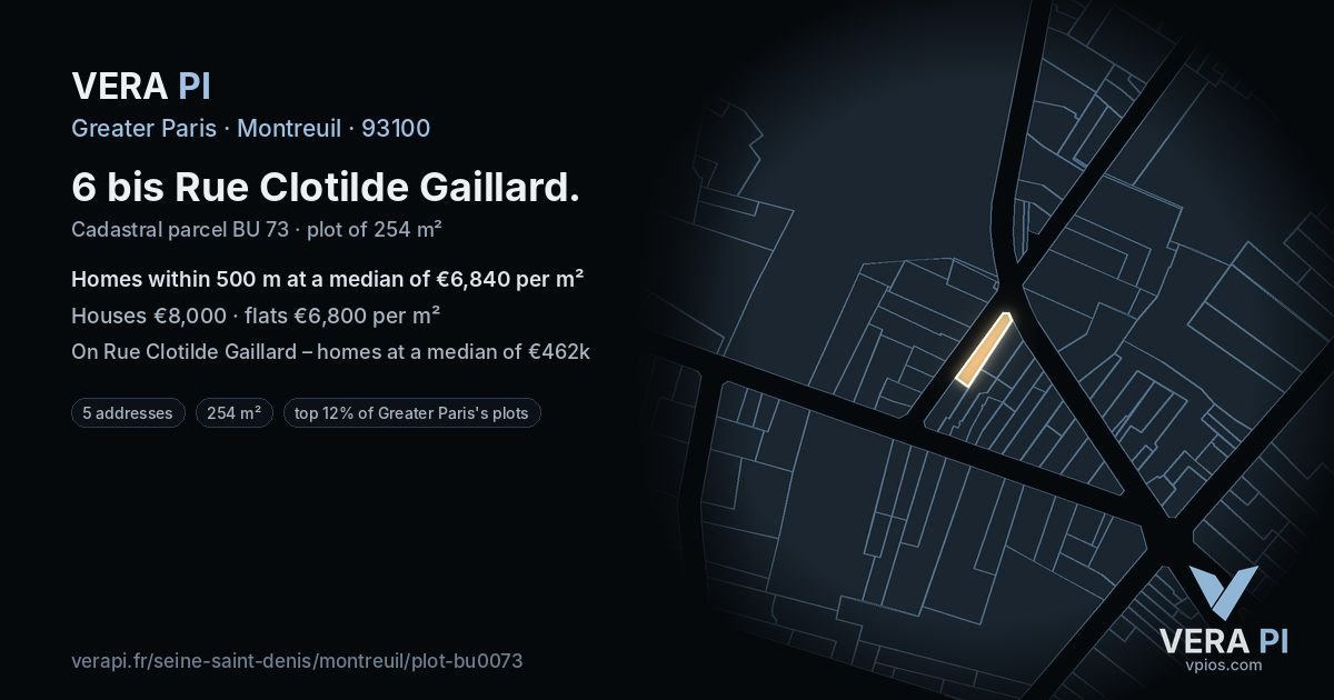 6 bis Rue Clotilde Gaillard, Montreuil at night – the plot lit, the parcels around coloured by the prices near them