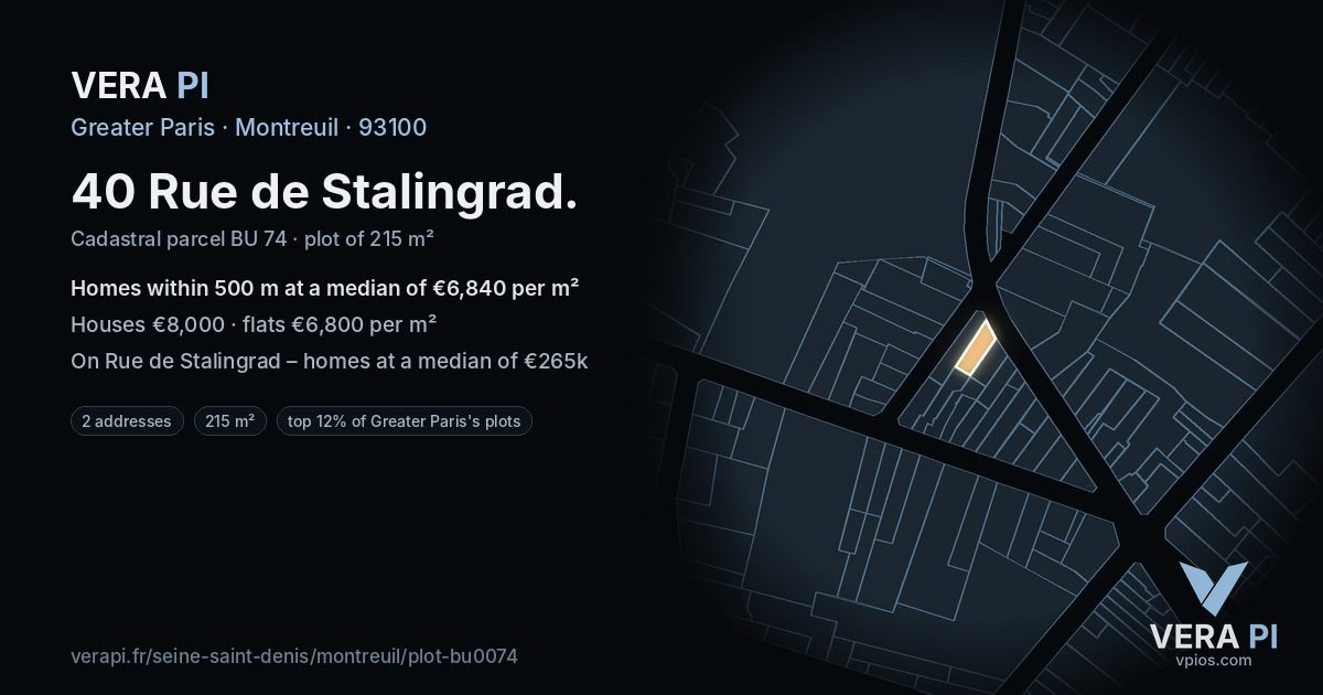 40 Rue de Stalingrad, Montreuil at night – the plot lit, the parcels around coloured by the prices near them