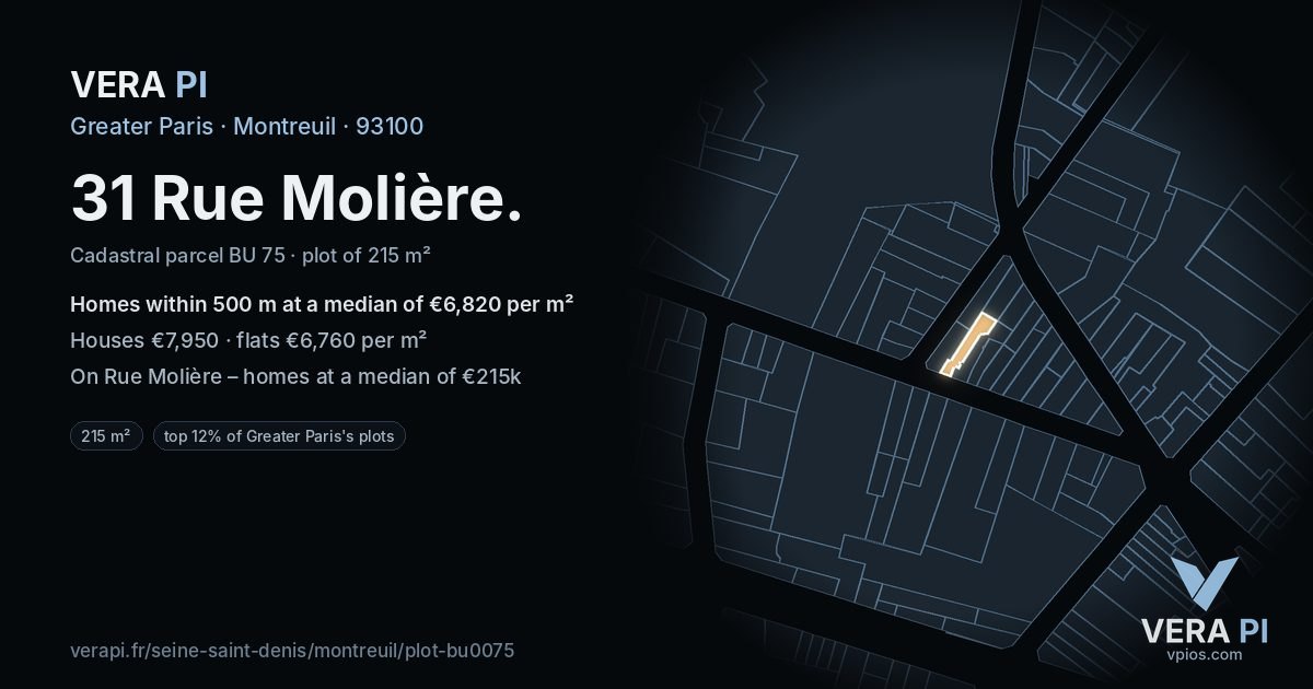 31 Rue Molière, Montreuil at night – the plot lit, the parcels around coloured by the prices near them