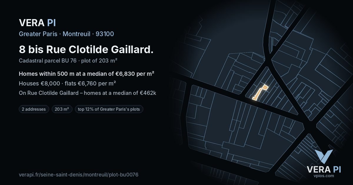 8 bis Rue Clotilde Gaillard, Montreuil at night – the plot lit, the parcels around coloured by the prices near them