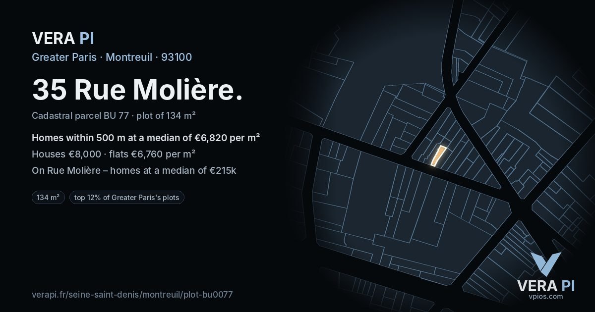 35 Rue Molière, Montreuil at night – the plot lit, the parcels around coloured by the prices near them
