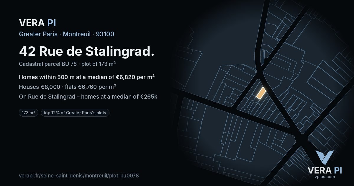 42 Rue de Stalingrad, Montreuil at night – the plot lit, the parcels around coloured by the prices near them