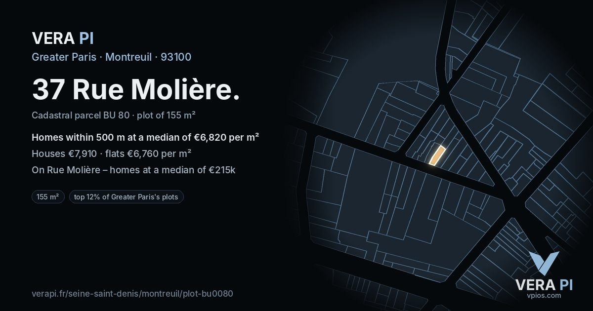 37 Rue Molière, Montreuil at night – the plot lit, the parcels around coloured by the prices near them