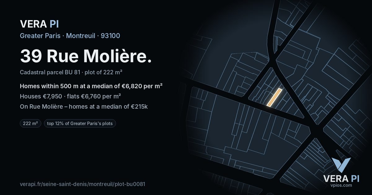 39 Rue Molière, Montreuil at night – the plot lit, the parcels around coloured by the prices near them