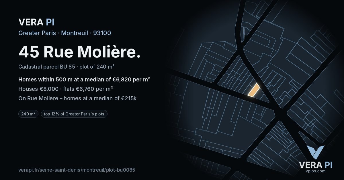 45 Rue Molière, Montreuil at night – the plot lit, the parcels around coloured by the prices near them