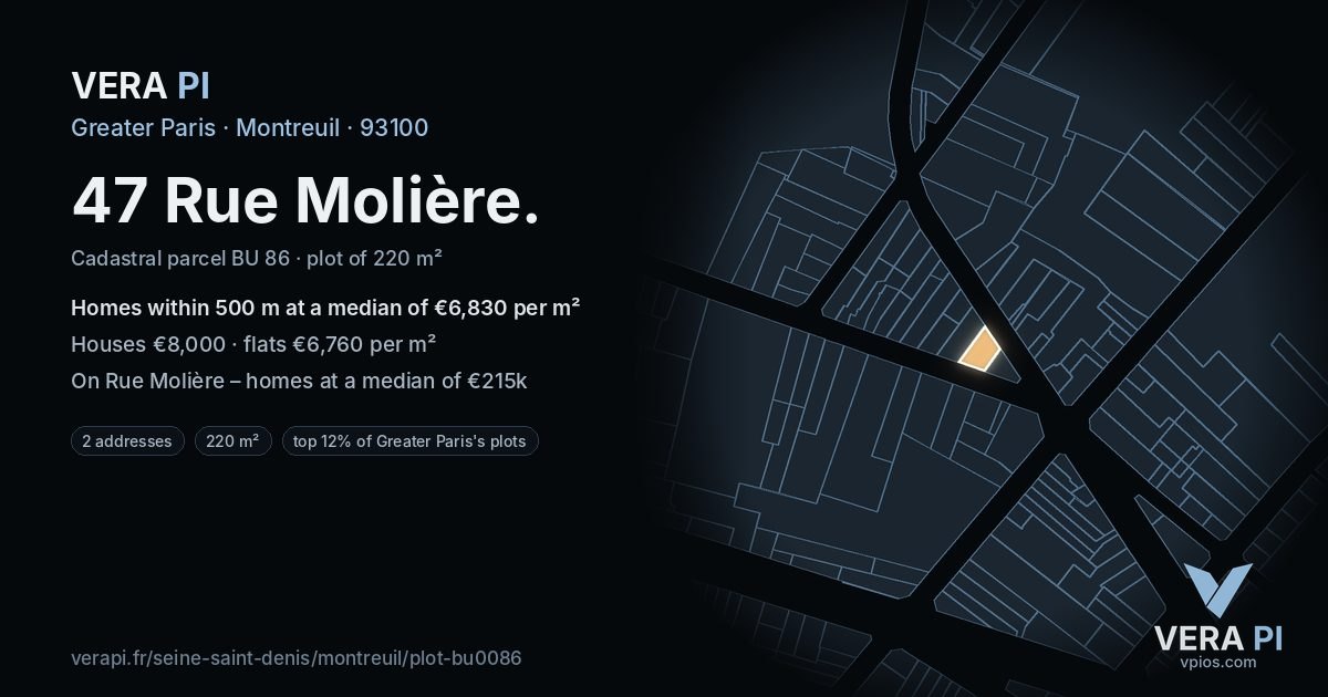 47 Rue Molière, Montreuil at night – the plot lit, the parcels around coloured by the prices near them