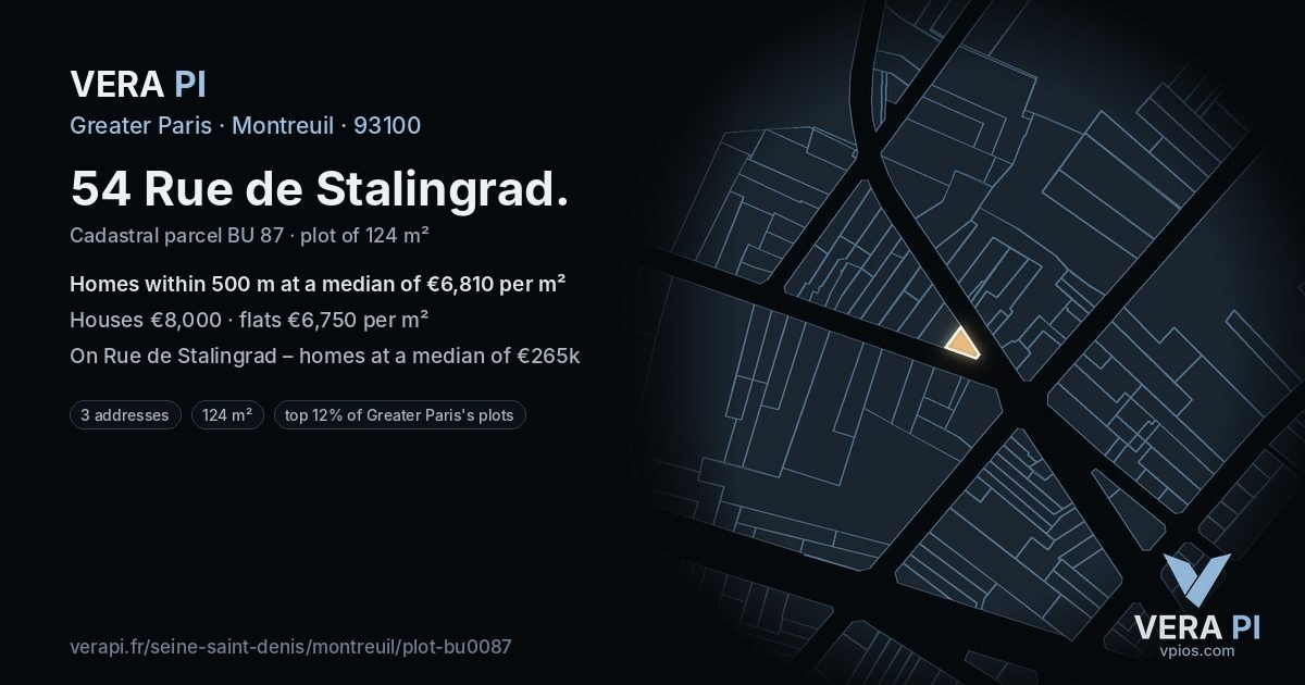 54 Rue de Stalingrad, Montreuil at night – the plot lit, the parcels around coloured by the prices near them