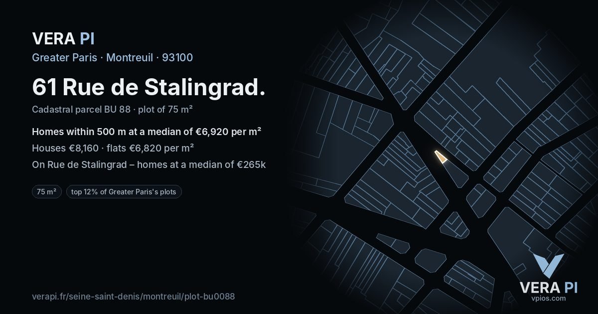 61 Rue de Stalingrad, Montreuil at night – the plot lit, the parcels around coloured by the prices near them