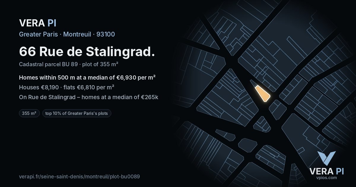 66 Rue de Stalingrad, Montreuil at night – the plot lit, the parcels around coloured by the prices near them