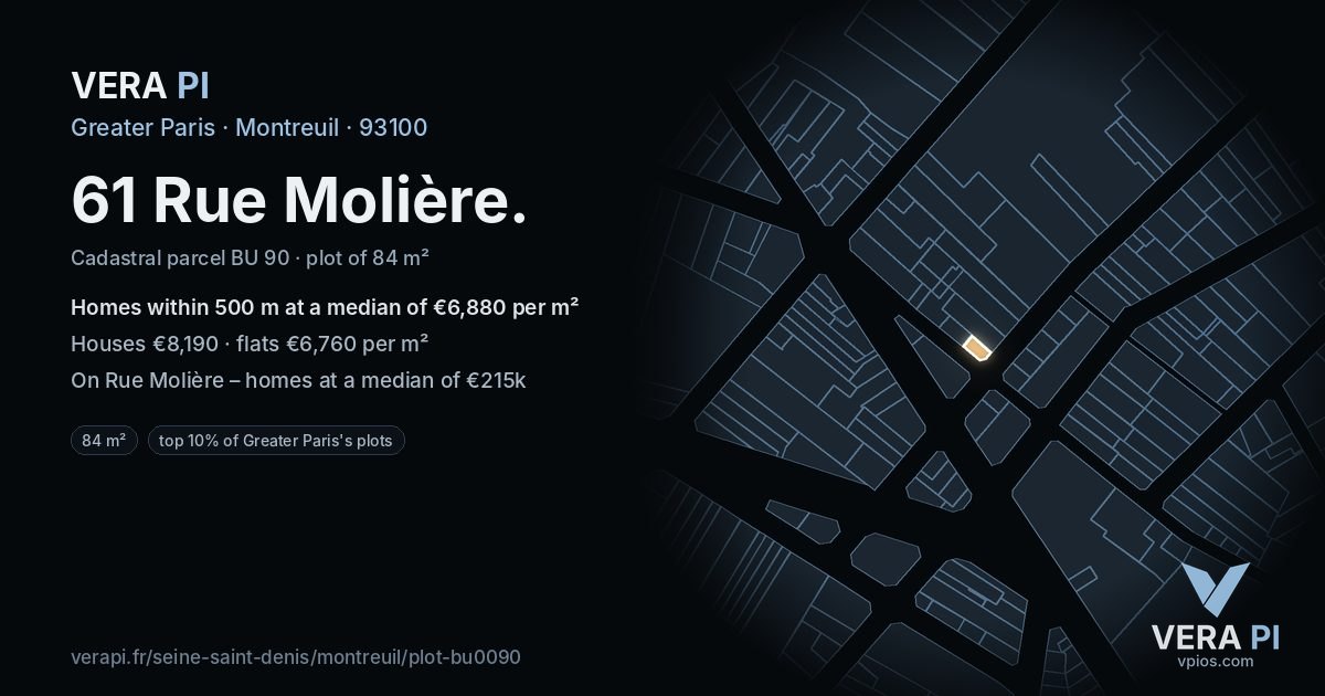 61 Rue Molière, Montreuil at night – the plot lit, the parcels around coloured by the prices near them