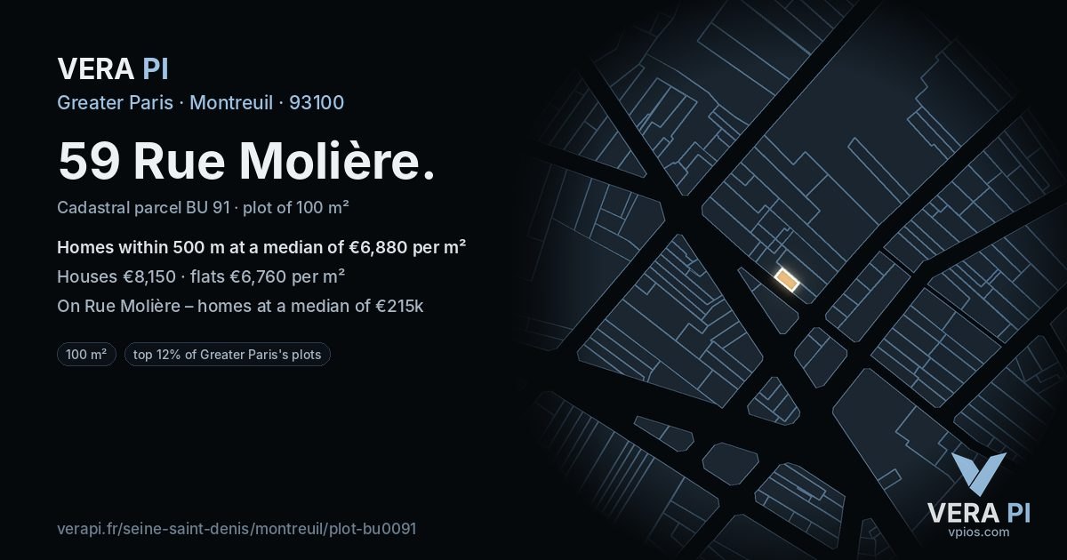 59 Rue Molière, Montreuil at night – the plot lit, the parcels around coloured by the prices near them