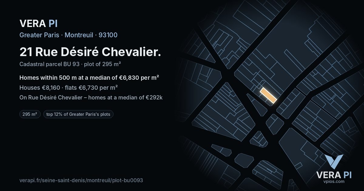 21 Rue Désiré Chevalier, Montreuil at night – the plot lit, the parcels around coloured by the prices near them