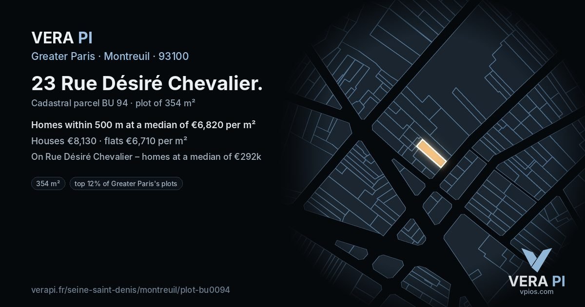 23 Rue Désiré Chevalier, Montreuil at night – the plot lit, the parcels around coloured by the prices near them