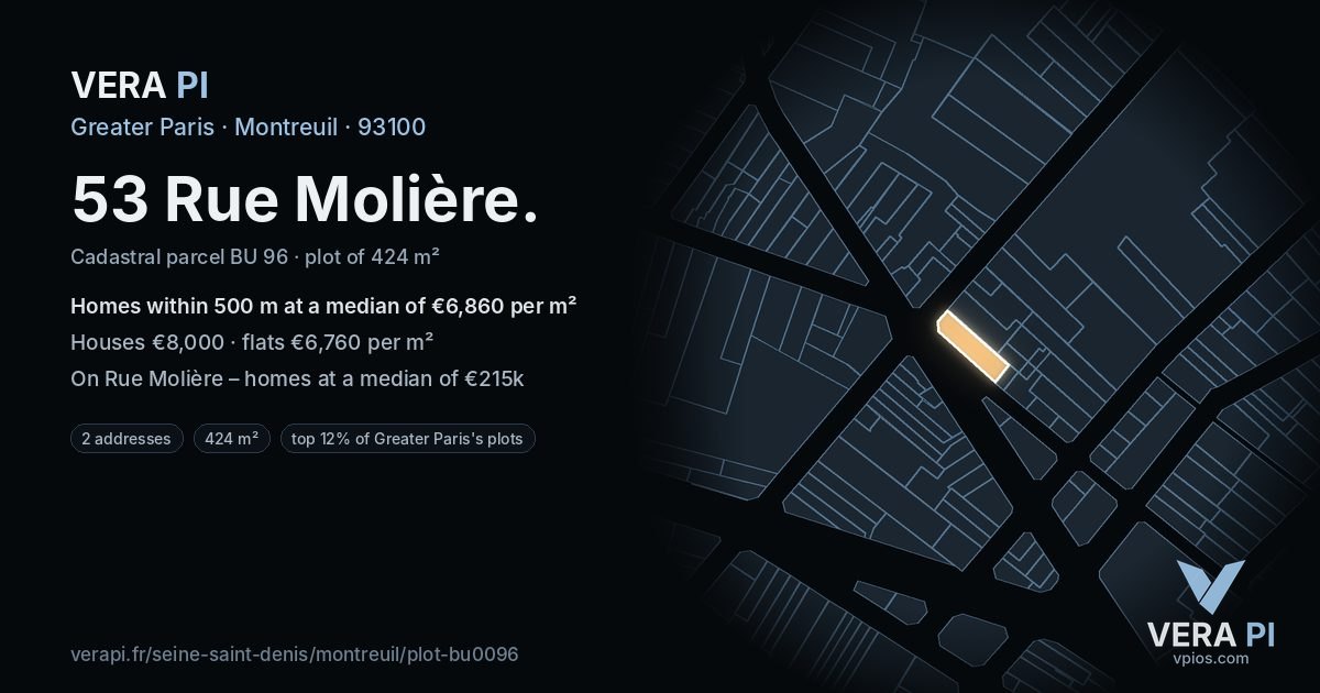 53 Rue Molière, Montreuil at night – the plot lit, the parcels around coloured by the prices near them