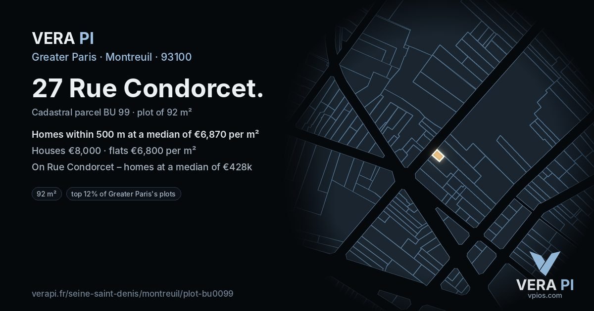 27 Rue Condorcet, Montreuil at night – the plot lit, the parcels around coloured by the prices near them