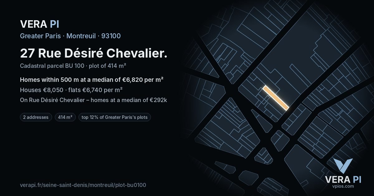 27 Rue Désiré Chevalier, Montreuil at night – the plot lit, the parcels around coloured by the prices near them