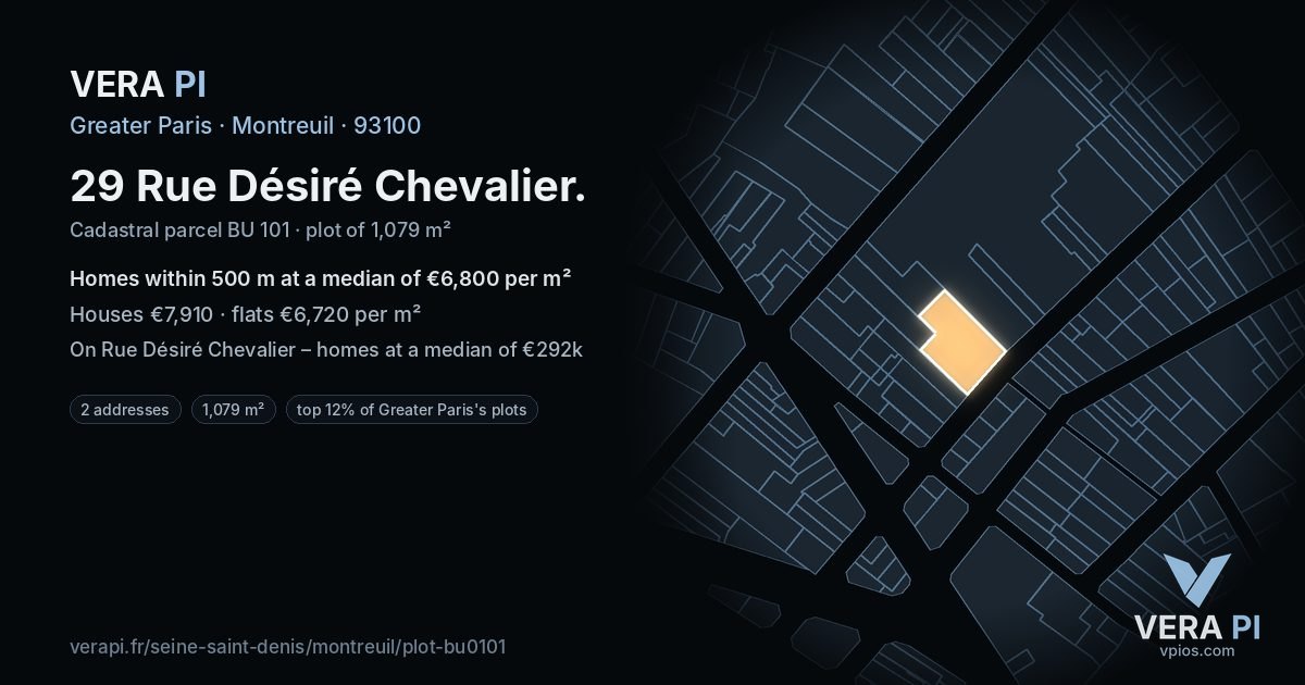 29 Rue Désiré Chevalier, Montreuil at night – the plot lit, the parcels around coloured by the prices near them