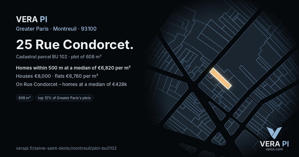 25 Rue Condorcet, Montreuil at night – the plot lit, the parcels around coloured by the prices near them