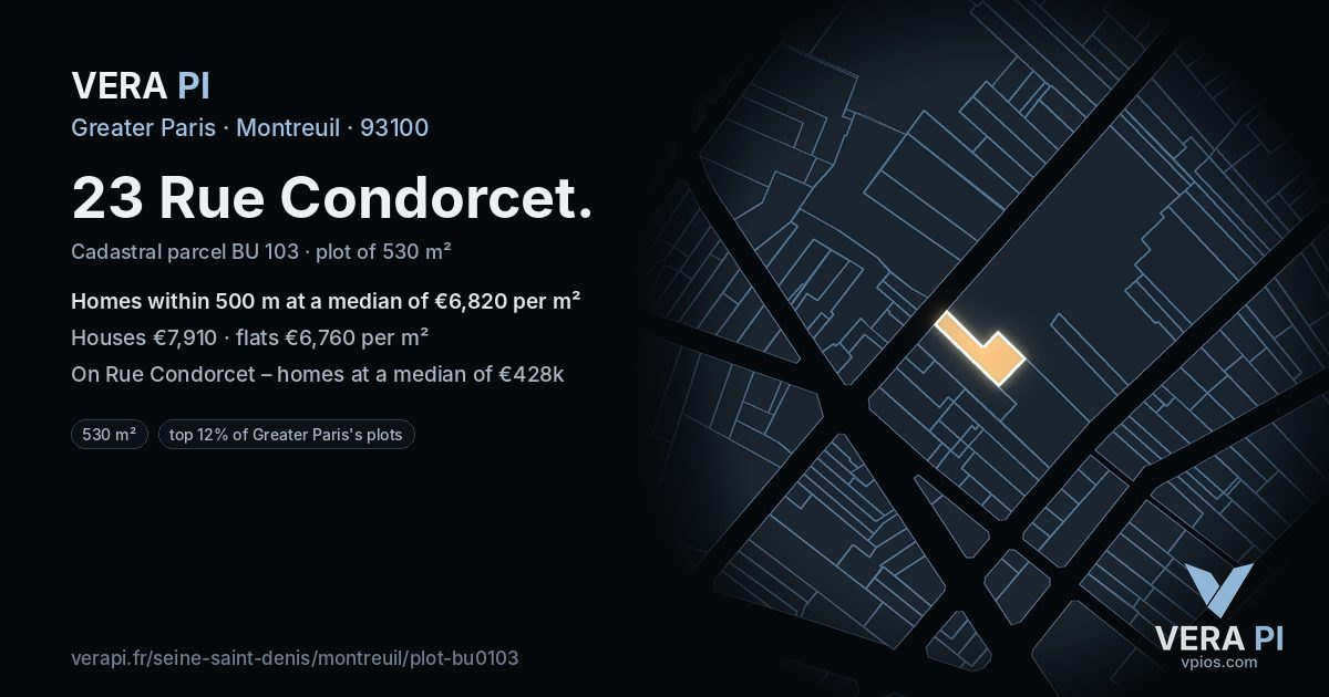 23 Rue Condorcet, Montreuil at night – the plot lit, the parcels around coloured by the prices near them
