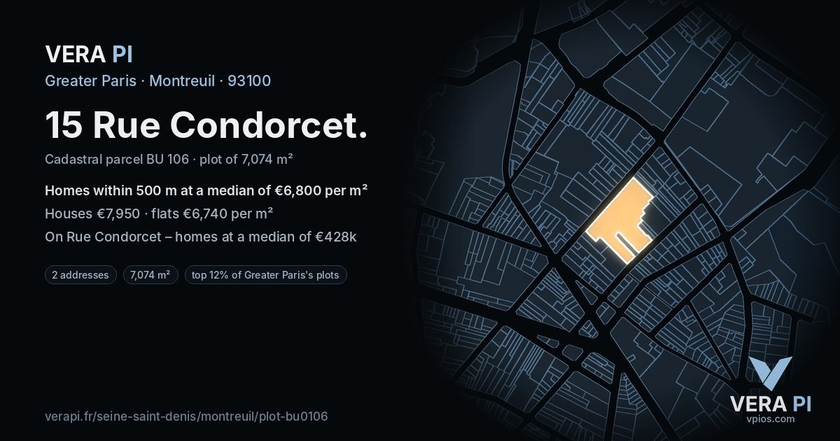 15 Rue Condorcet, Montreuil at night – the plot lit, the parcels around coloured by the prices near them