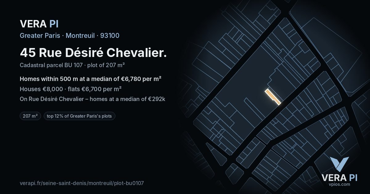 45 Rue Désiré Chevalier, Montreuil at night – the plot lit, the parcels around coloured by the prices near them