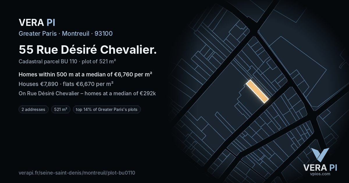 55 Rue Désiré Chevalier, Montreuil at night – the plot lit, the parcels around coloured by the prices near them