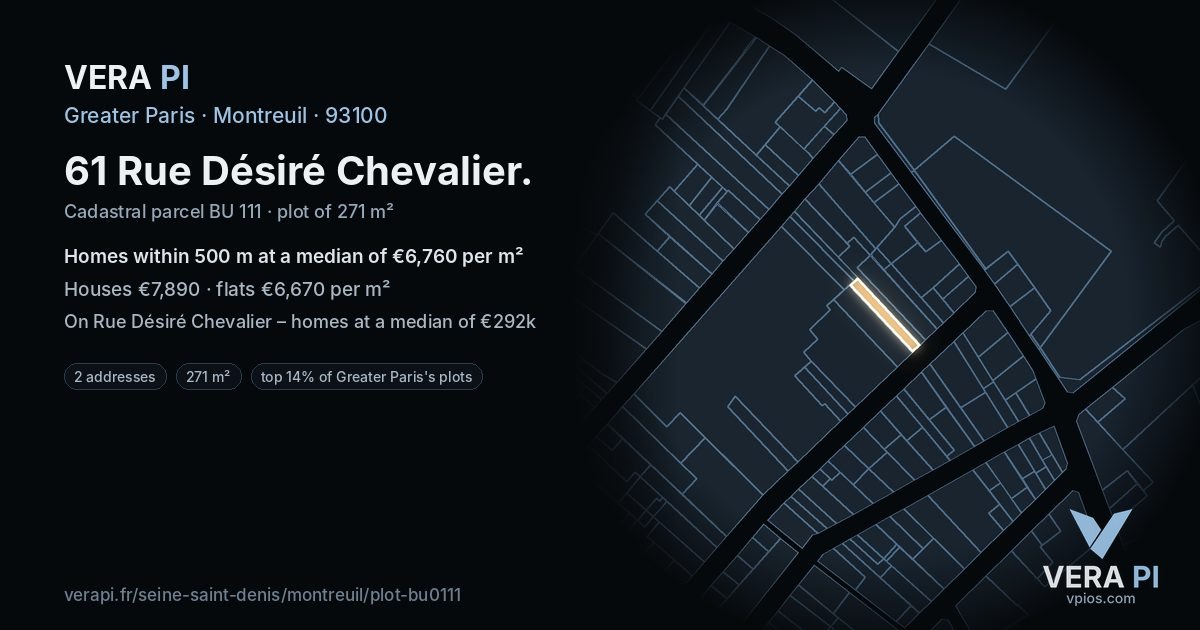 61 Rue Désiré Chevalier, Montreuil at night – the plot lit, the parcels around coloured by the prices near them