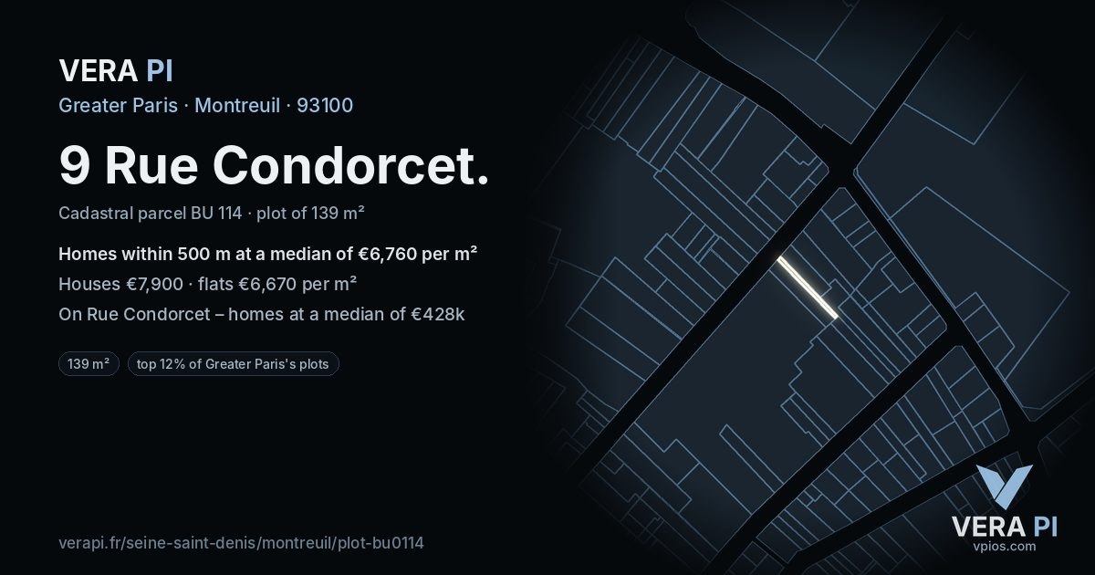 9 Rue Condorcet, Montreuil at night – the plot lit, the parcels around coloured by the prices near them