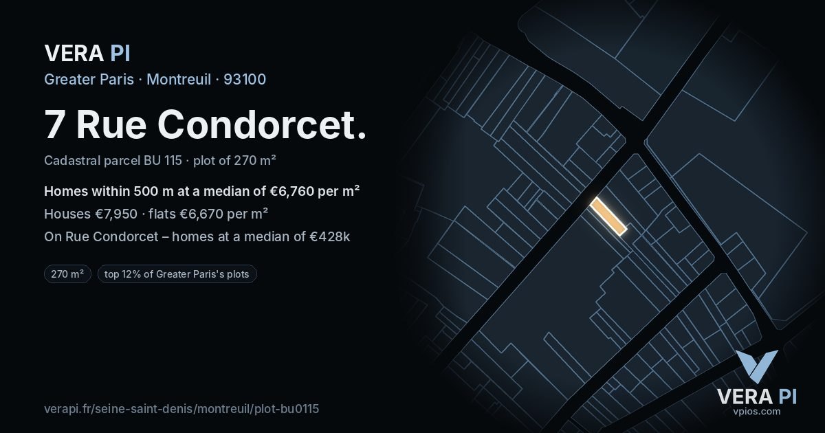 7 Rue Condorcet, Montreuil at night – the plot lit, the parcels around coloured by the prices near them