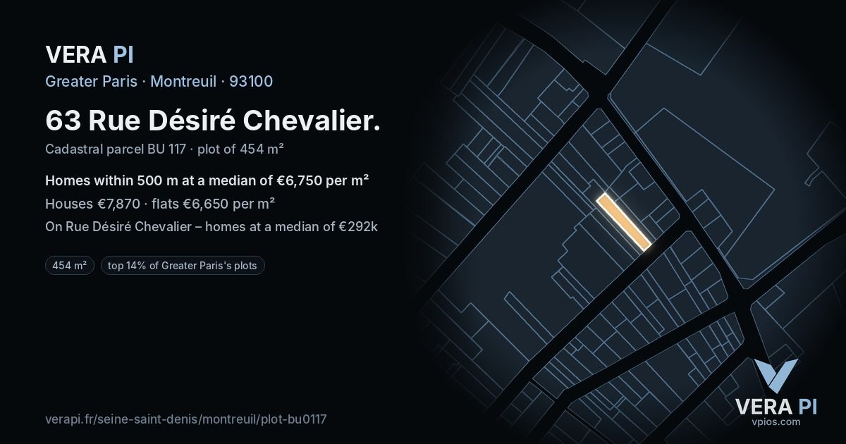 63 Rue Désiré Chevalier, Montreuil at night – the plot lit, the parcels around coloured by the prices near them