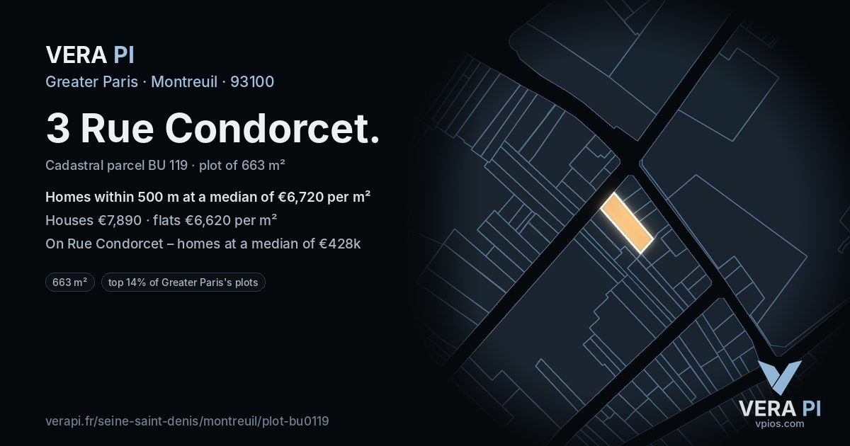 3 Rue Condorcet, Montreuil at night – the plot lit, the parcels around coloured by the prices near them