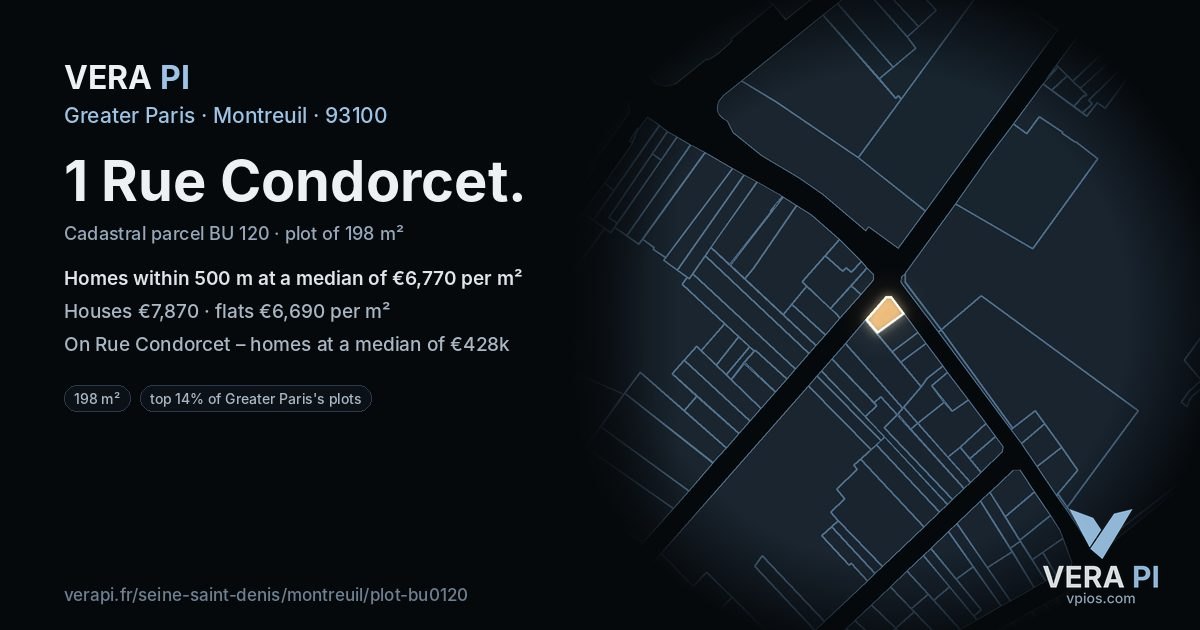 1 Rue Condorcet, Montreuil at night – the plot lit, the parcels around coloured by the prices near them