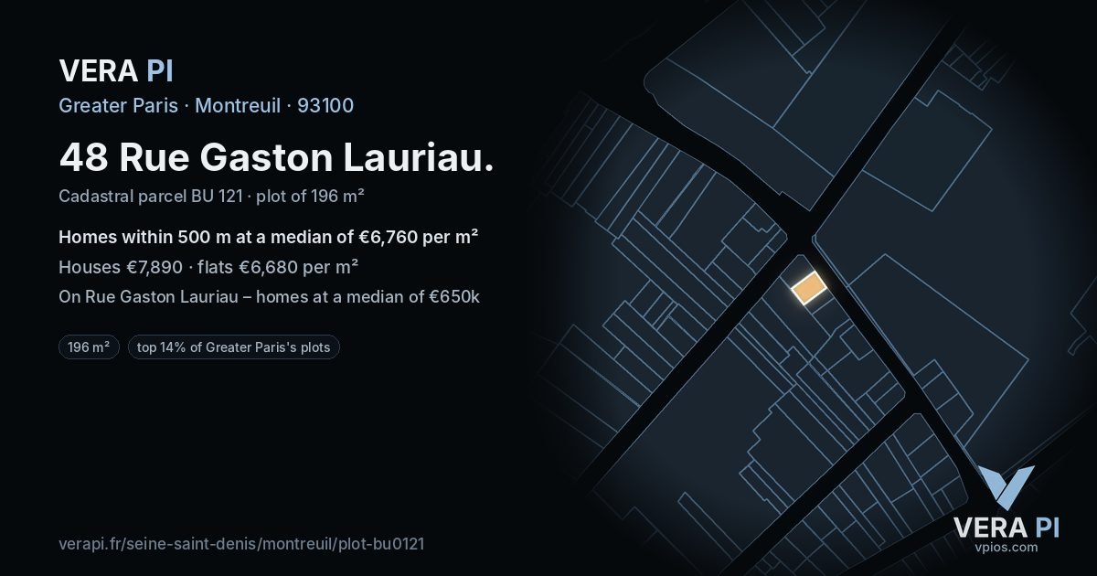 48 Rue Gaston Lauriau, Montreuil at night – the plot lit, the parcels around coloured by the prices near them
