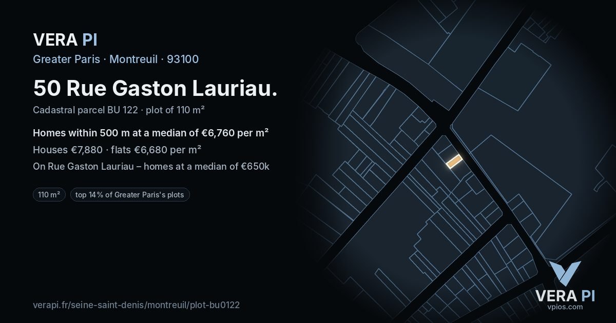 50 Rue Gaston Lauriau, Montreuil at night – the plot lit, the parcels around coloured by the prices near them