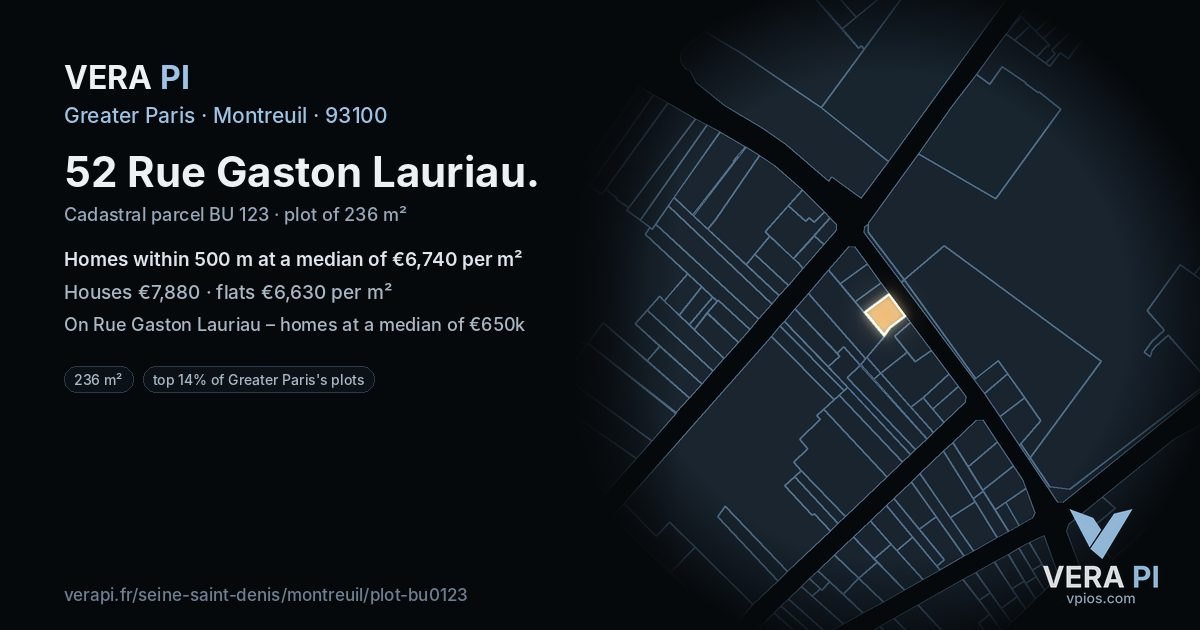 52 Rue Gaston Lauriau, Montreuil at night – the plot lit, the parcels around coloured by the prices near them