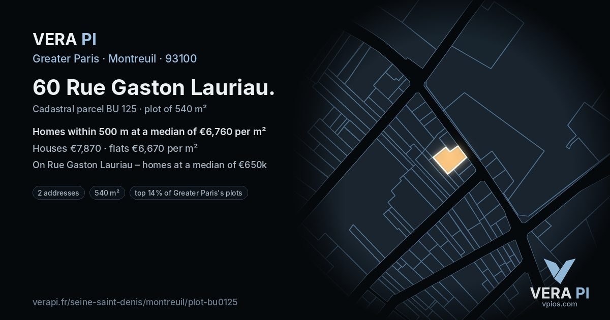 60 Rue Gaston Lauriau, Montreuil at night – the plot lit, the parcels around coloured by the prices near them