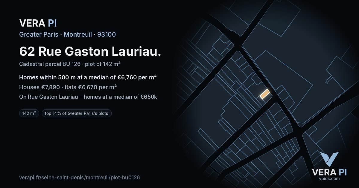 62 Rue Gaston Lauriau, Montreuil at night – the plot lit, the parcels around coloured by the prices near them